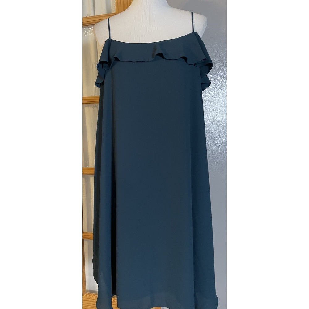 Y2K Ann Taylor LOFT Cold Shoulder Dress Sz L Teal Green Chiffon Spaghetti Strap